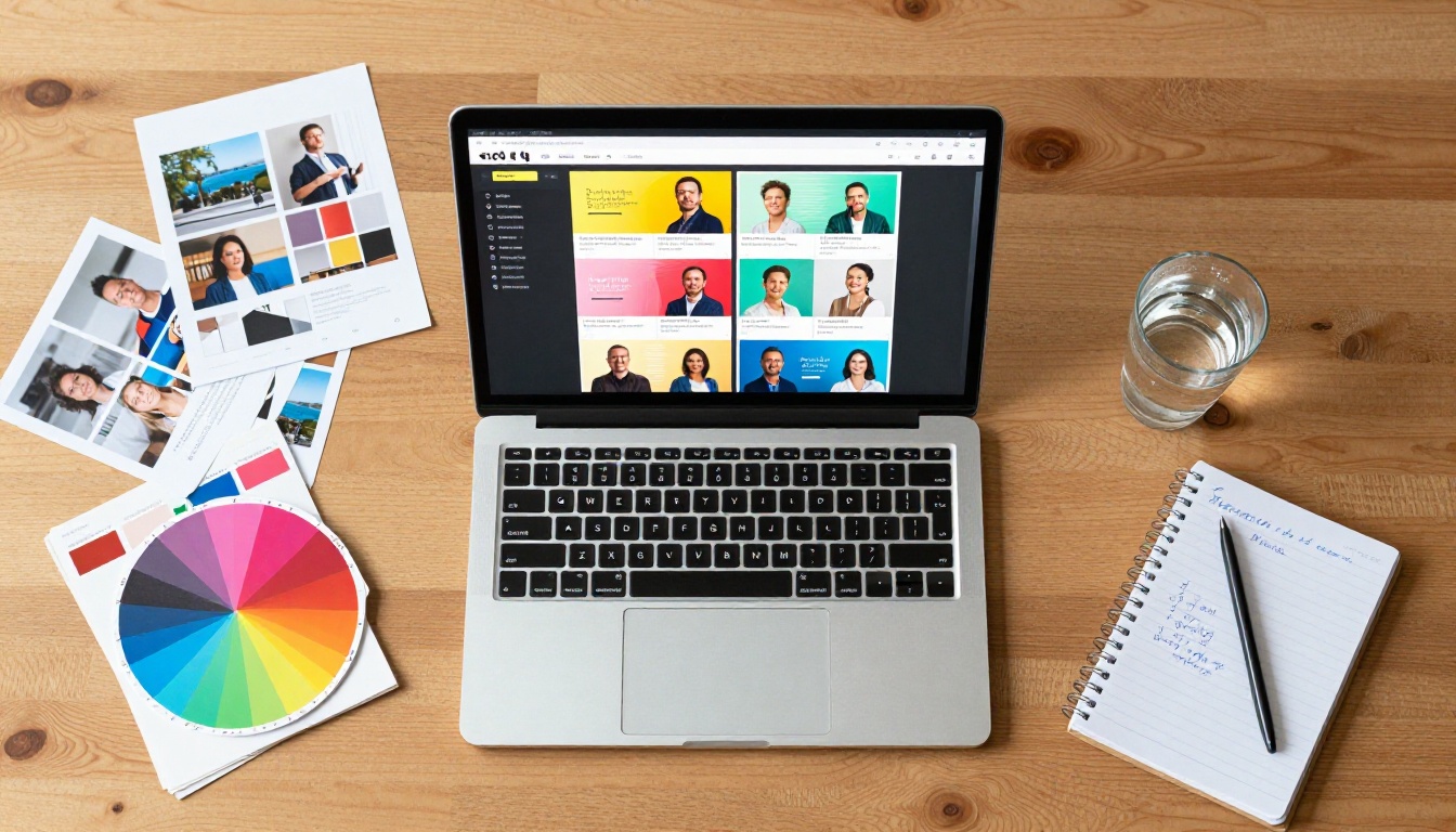 Aerial overhead view of a creative professional's desk with laptop displaying portfolio, color swatches, printed samples, and a small notebook Aerial overhead view of a creative professional's desk with laptop displaying portfolio, color swatches, printed samples, and a small notebook