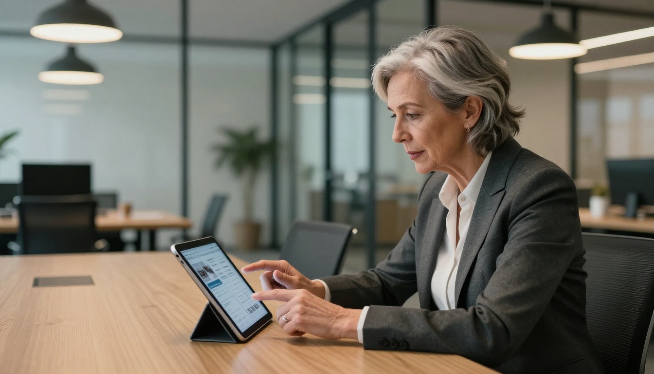 Senior hiring manager reviewing a digital portfolio on a tablet in a modern glass-walled meeting room Senior hiring manager reviewing a digital portfolio on a tablet in a modern glass-walled meeting room