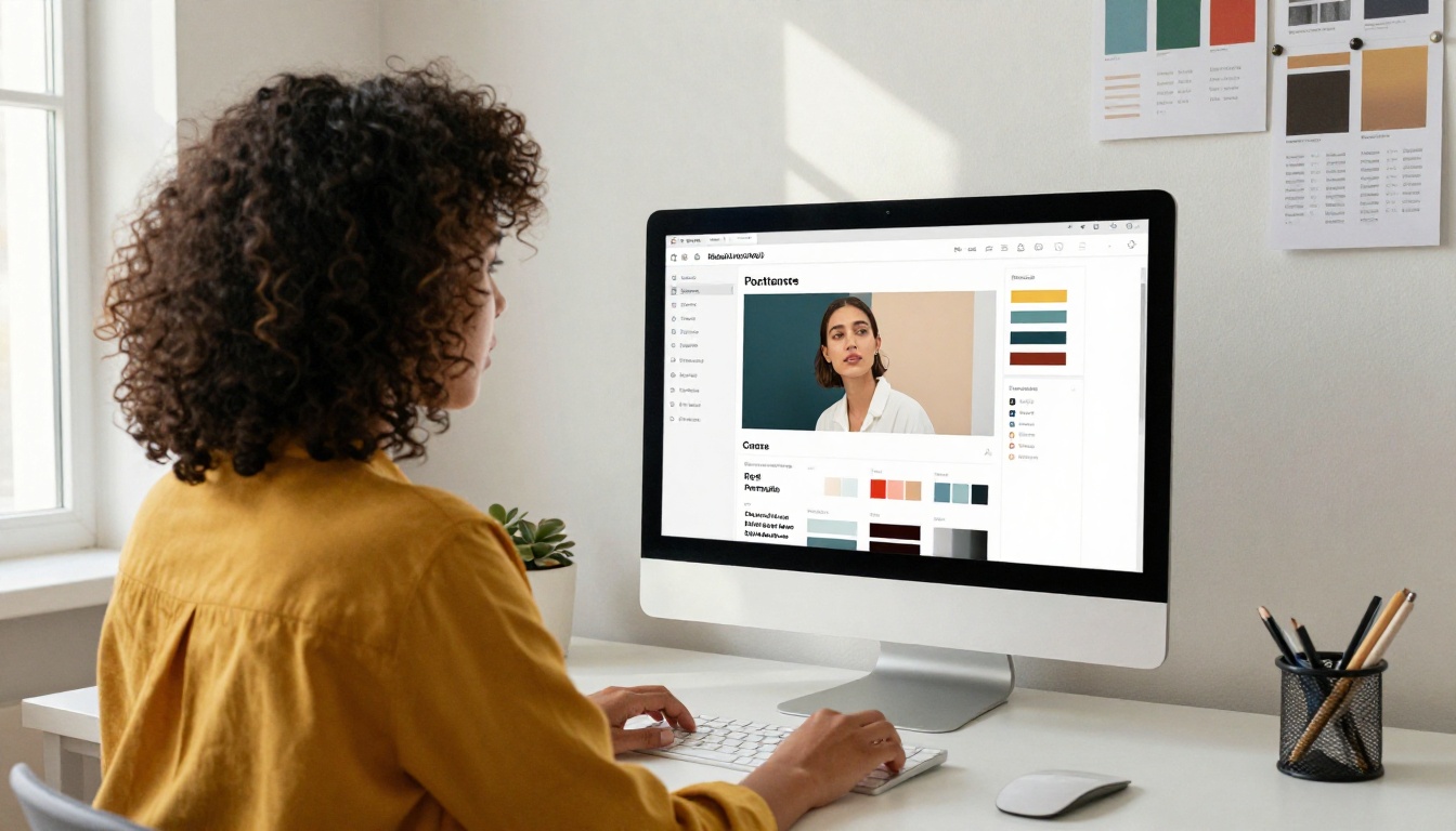 Young creative professional customizing portfolio colors and branding on an iMac in a bright minimalist workspace with mood board on the wall Young creative professional customizing portfolio colors and branding on an iMac in a bright minimalist workspace with mood board on the wall