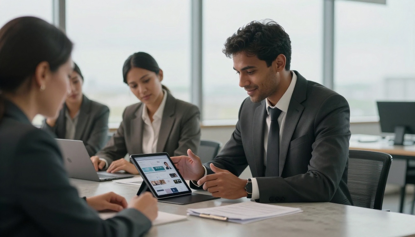Confident professional gesturing toward his interactive portfolio on a tablet during a job interview with two engaged interviewers Confident professional gesturing toward his interactive portfolio on a tablet during a job interview with two engaged interviewers
