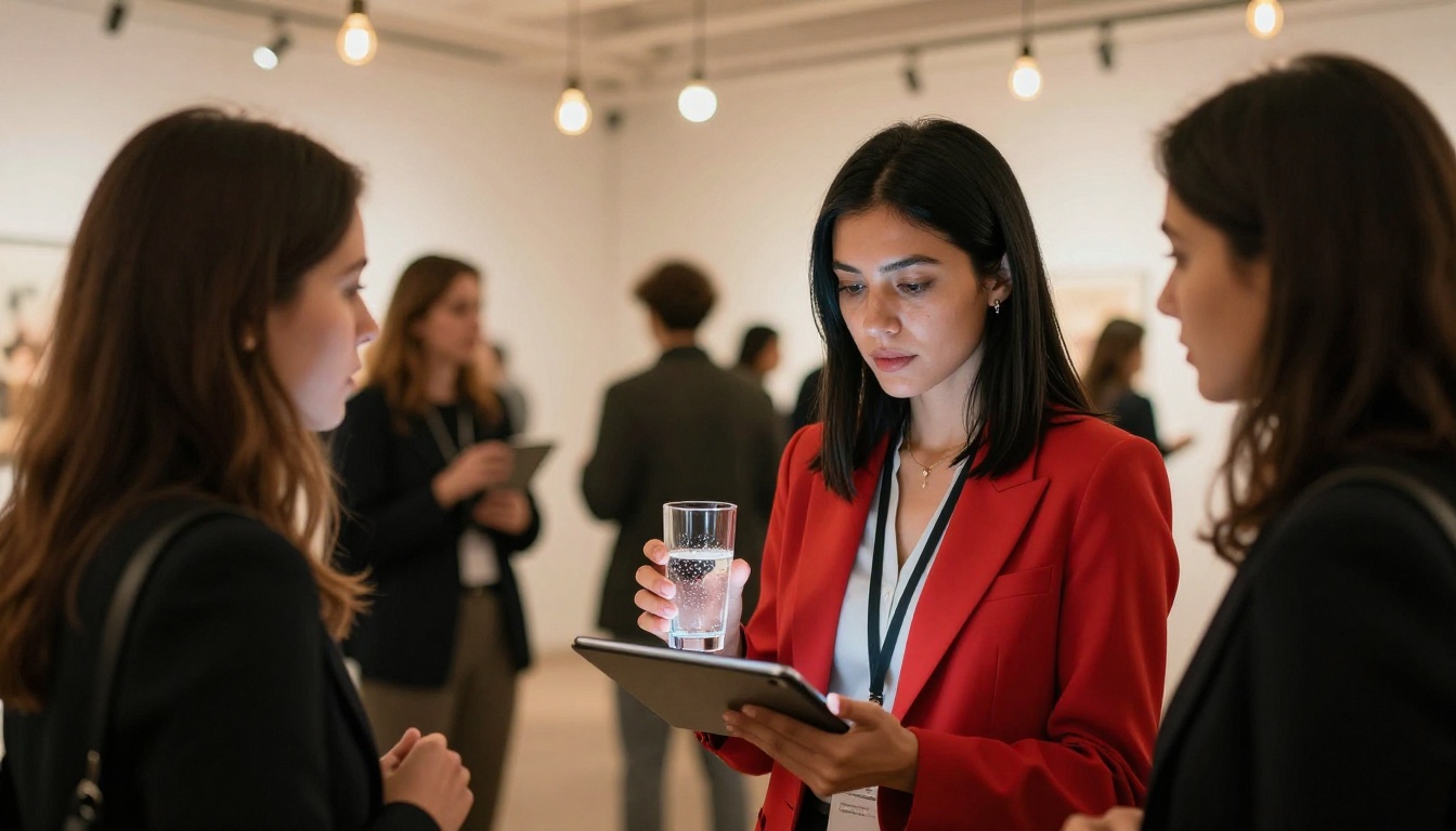 Professional woman in a red blazer showing her digital portfolio on a tablet to interested colleagues at a warm-lit gallery networking event Professional woman in a red blazer showing her digital portfolio on a tablet to interested colleagues at a warm-lit gallery networking event
