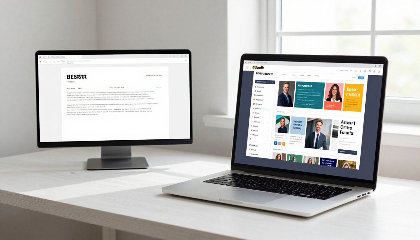 Wide desk shot with two laptops side by side: a plain PDF resume on the left and a vibrant interactive flipbook portfolio on the right Wide desk shot with two laptops side by side: a plain PDF resume on the left and a vibrant interactive flipbook portfolio on the right