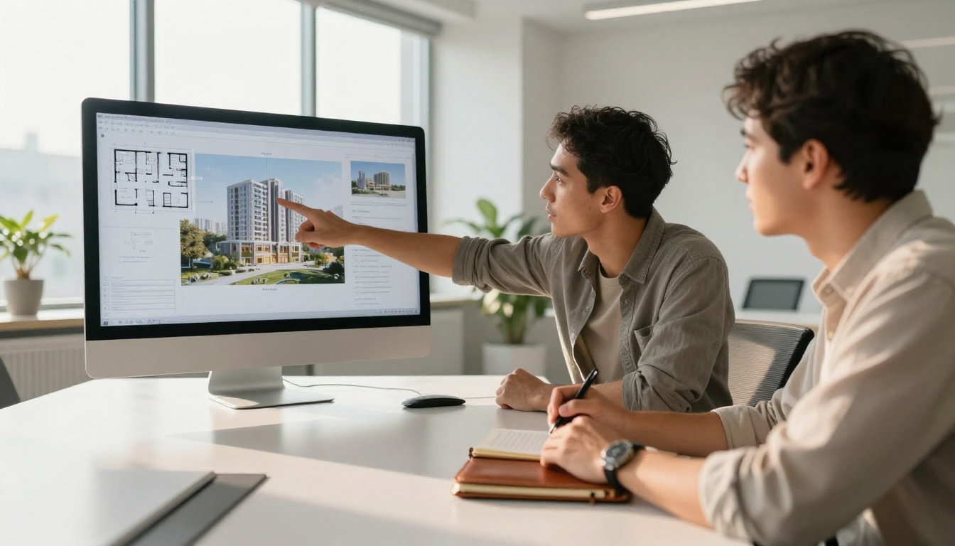 Architect presenting interactive portfolio to clients in a modern conference room Architect presenting interactive portfolio to clients in a modern conference room