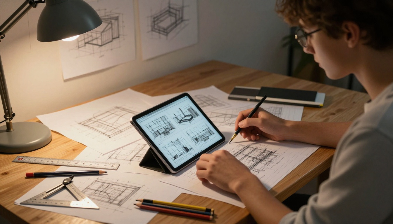Architecture student reviewing digital flipbook portfolio at a drafting table with sketches Architecture student reviewing digital flipbook portfolio at a drafting table with sketches