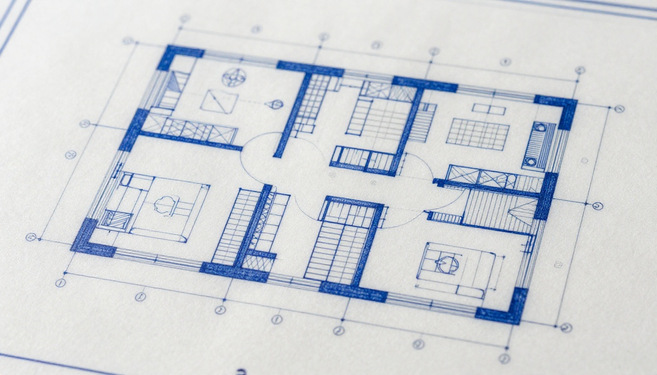 Close-up macro shot of architectural floor plan blueprints with technical pen detail Close-up macro shot of architectural floor plan blueprints with technical pen detail