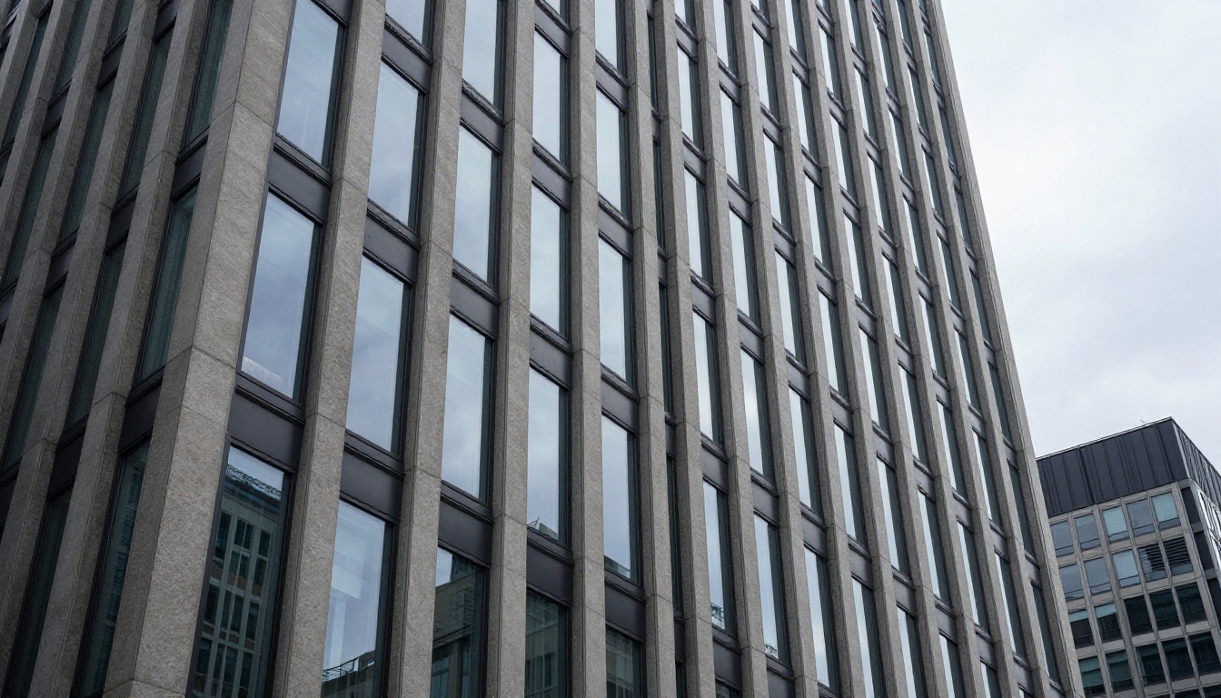 Modern glass and concrete building facade photographed from low street angle looking upward Modern glass and concrete building facade photographed from low street angle looking upward