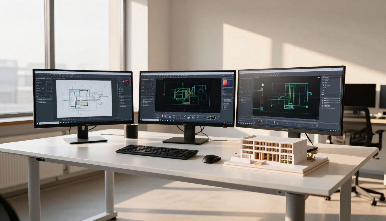Architect working at multi-screen workspace with portfolio flipbook displayed on monitors Architect working at multi-screen workspace with portfolio flipbook displayed on monitors