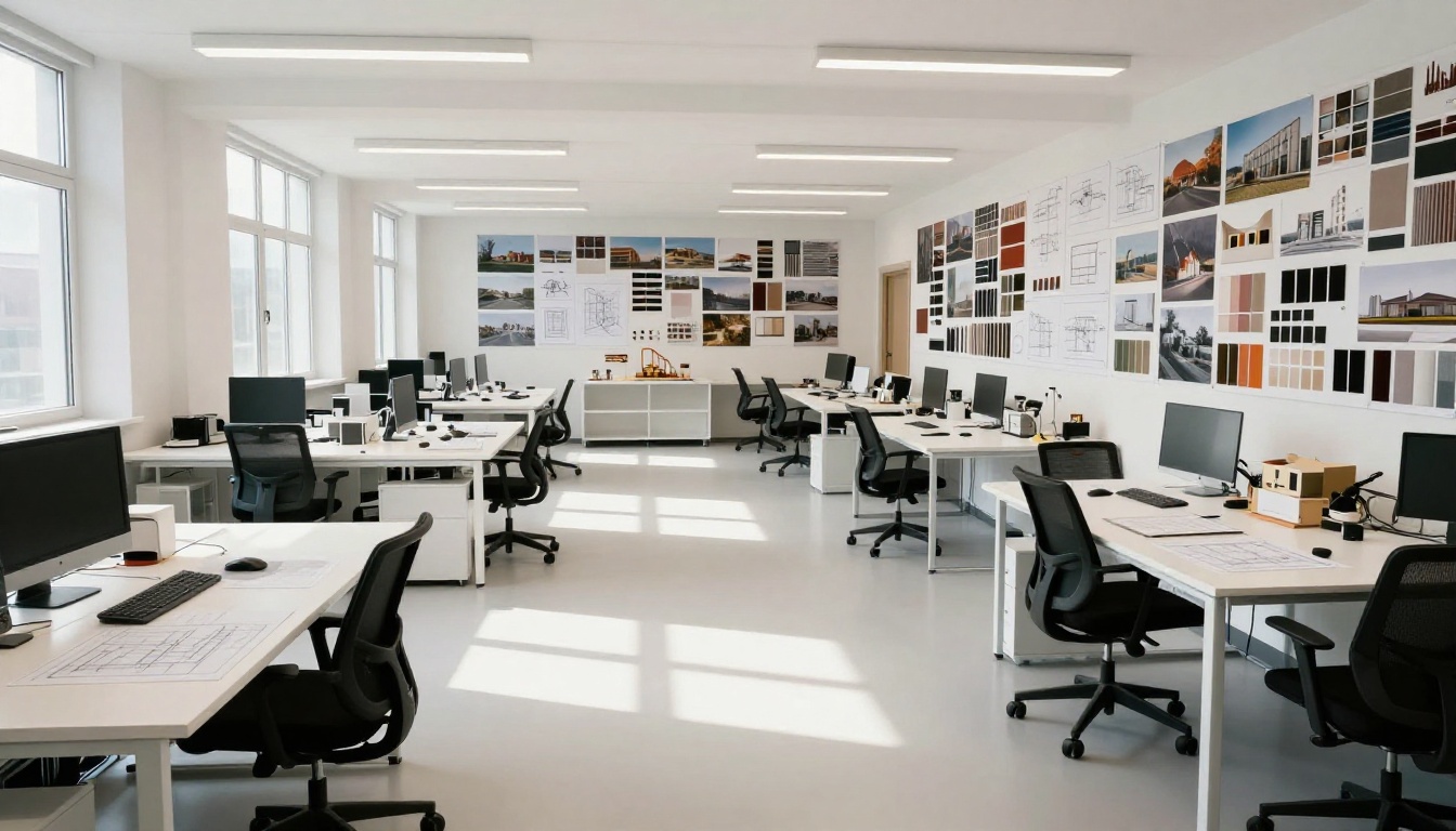 Open-plan architecture studio with drafting tables, pin-up walls, and scale models on shelves Open-plan architecture studio with drafting tables, pin-up walls, and scale models on shelves