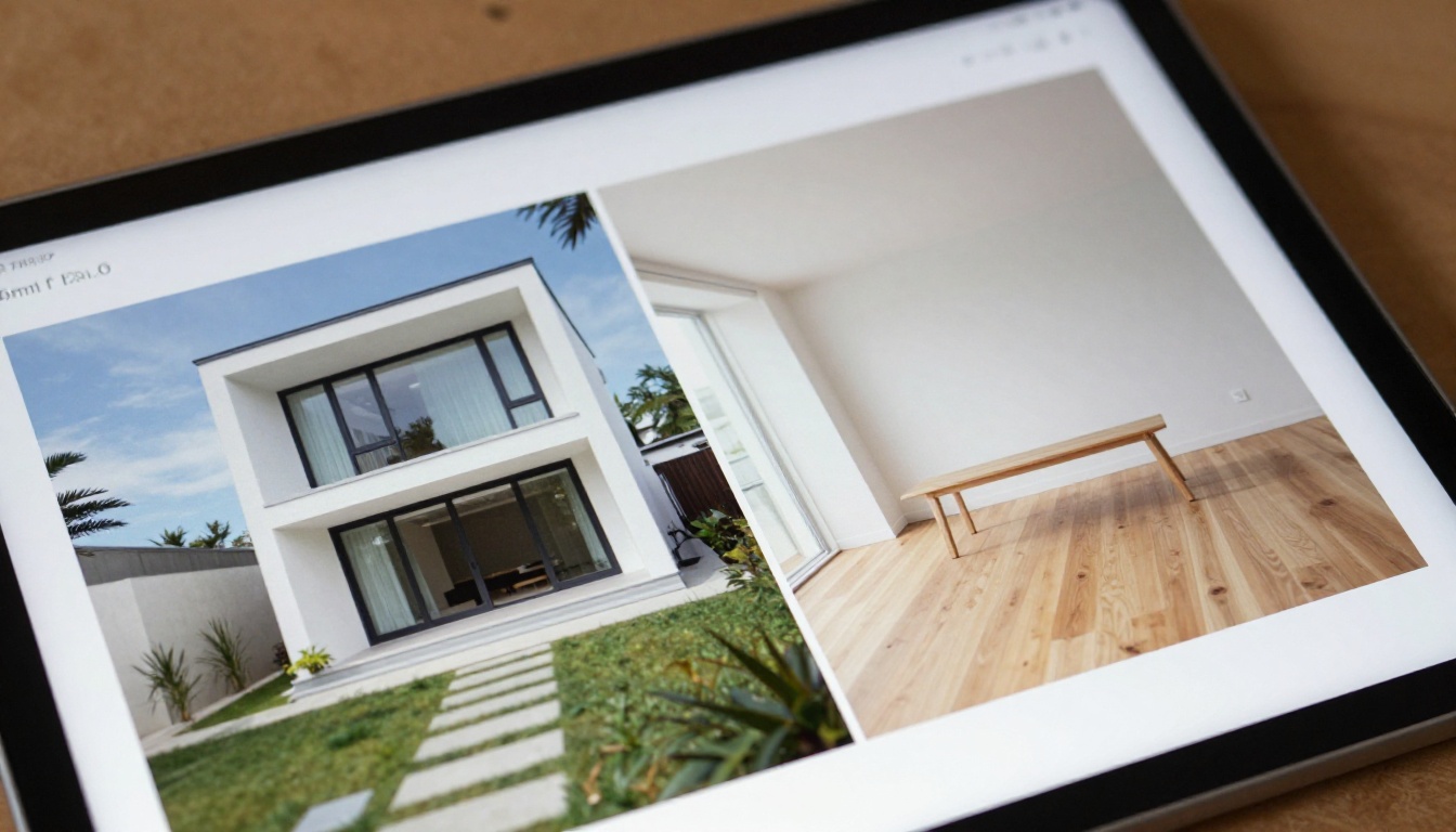 Architecture portfolio pages displayed on tablet showing completed residential project Architecture portfolio pages displayed on tablet showing completed residential project