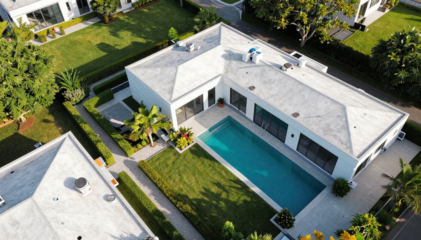 Aerial drone photography overhead of a contemporary residential compound with pool and landscaping Aerial drone photography overhead of a contemporary residential compound with pool and landscaping
