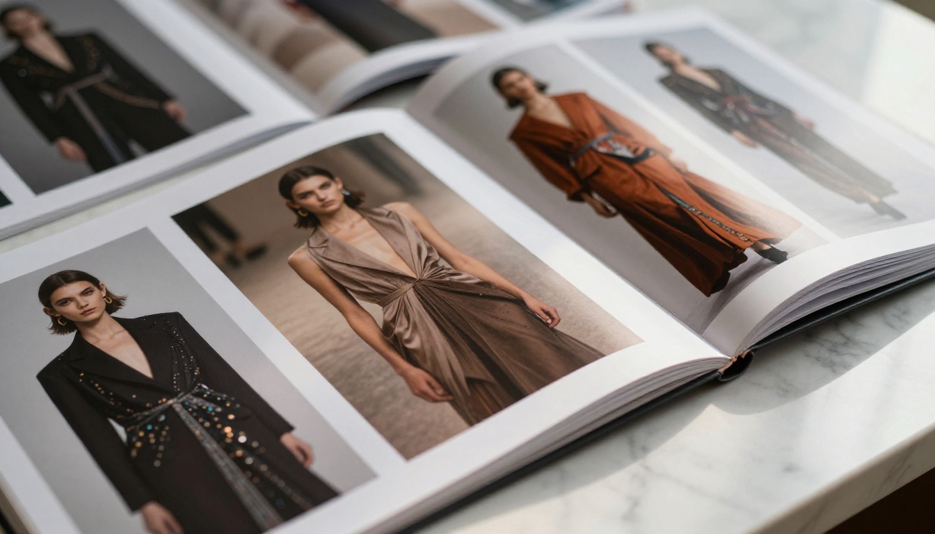 Fashion portfolio pages spread on marble surface