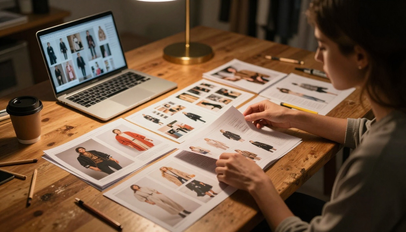 Fashion designer reviewing portfolio spreads at studio desk