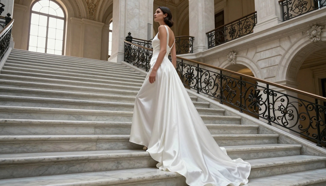 Model in white silk gown ascending grand marble staircase