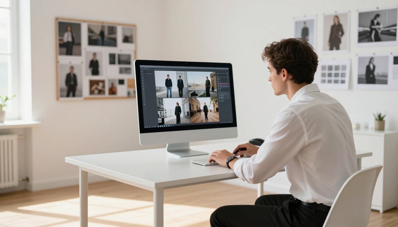Fashion photographer reviewing digital portfolio on screen in studio