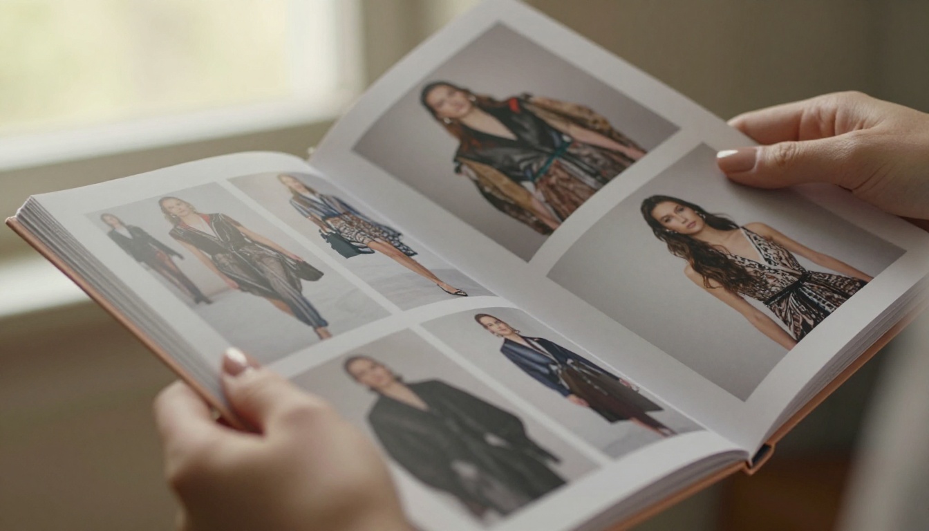 Model's hands holding open fashion flipbook mid-page-turn with warm backlight