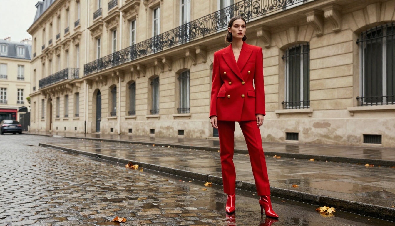 Fashion editorial model in structured red blazer on wet Paris cobblestones