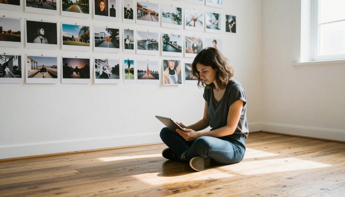 Artist reviewing digital portfolio on tablet in minimalist white studio Artist reviewing digital portfolio on tablet in minimalist white studio
