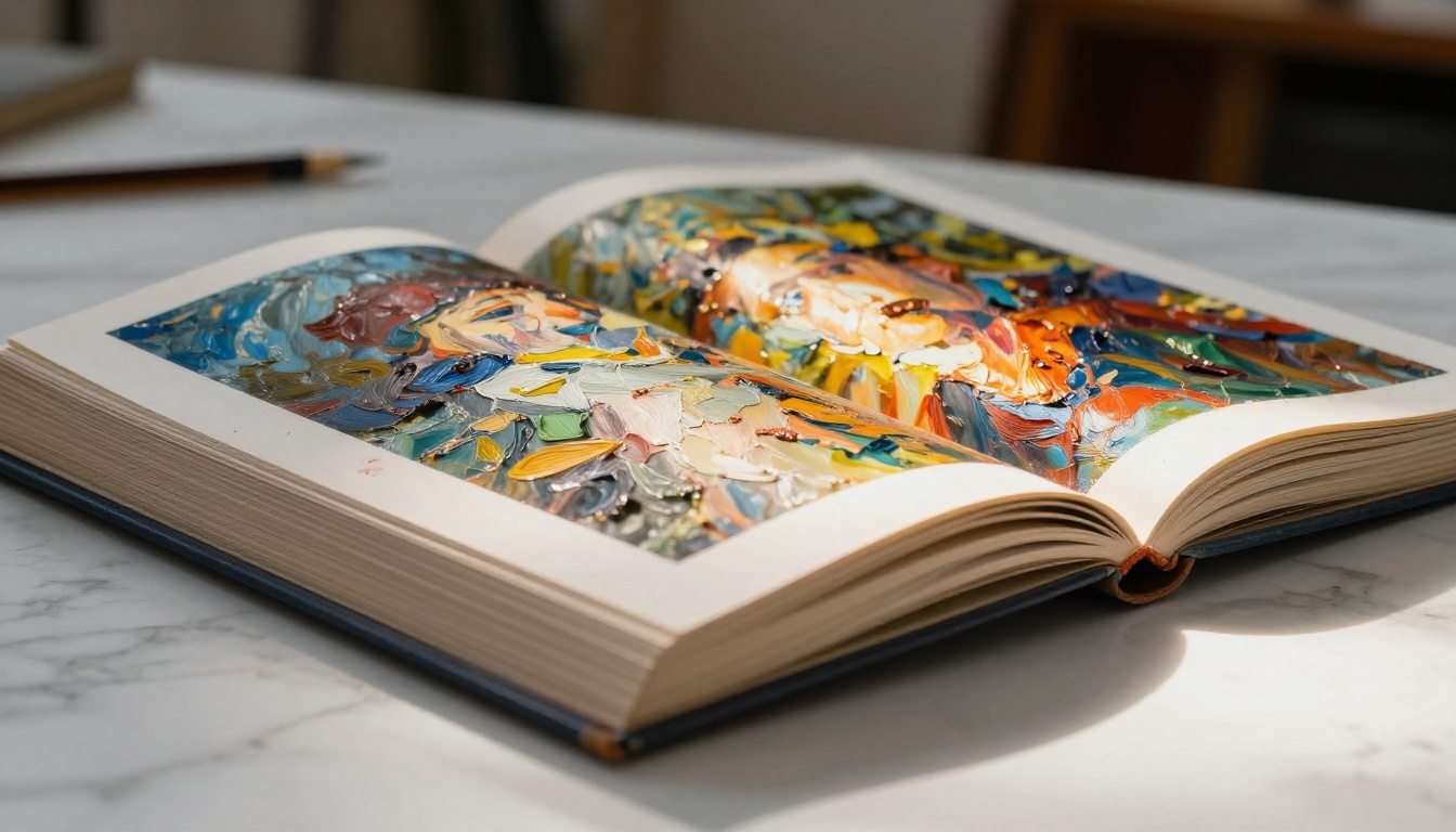 Hands turning thick pages of printed art portfolio with oil paintings Hands turning thick pages of printed art portfolio with oil paintings