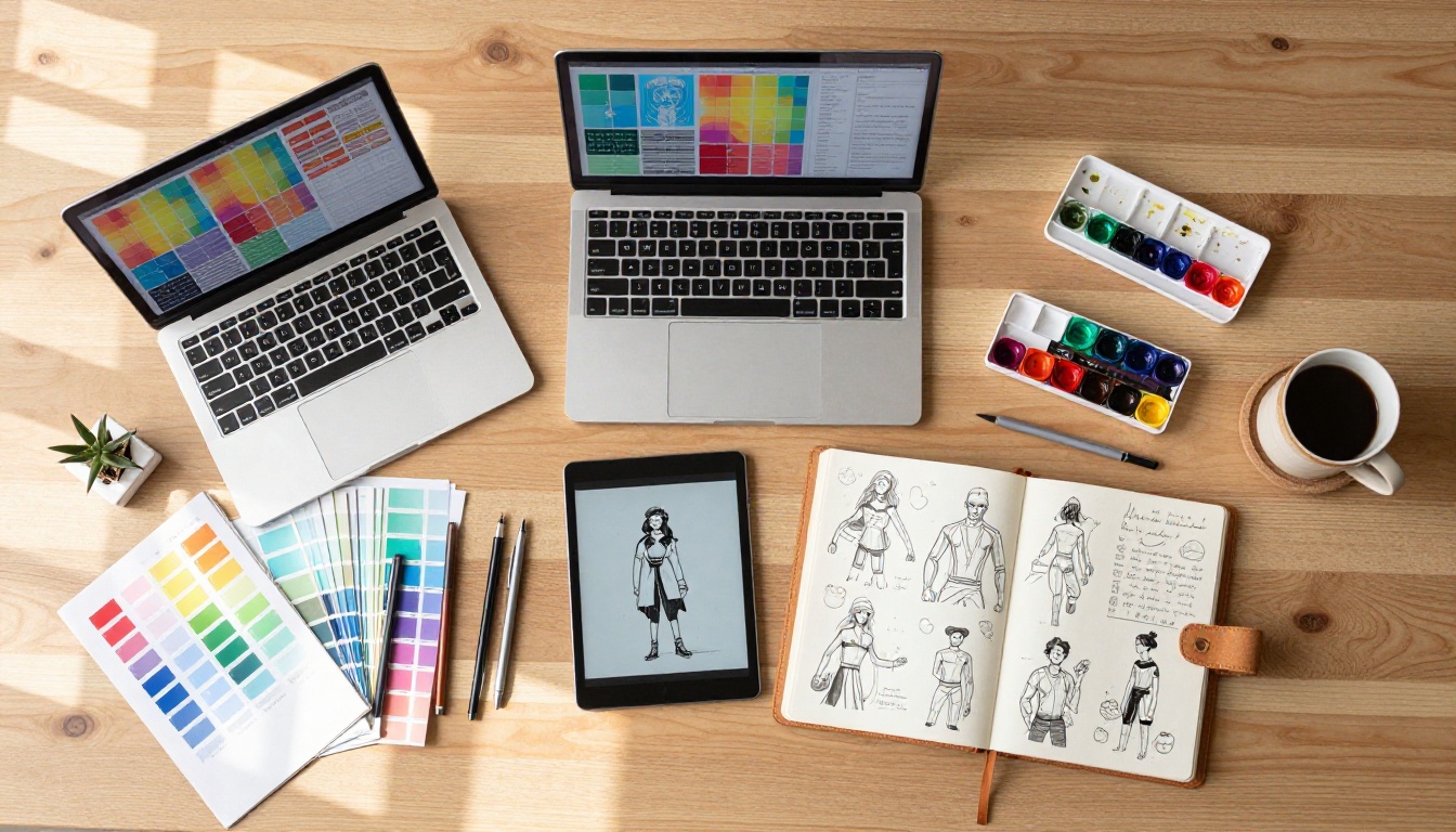 Aerial desk workspace with laptop, tablet, sketchbook and color swatches Aerial desk workspace with laptop, tablet, sketchbook and color swatches