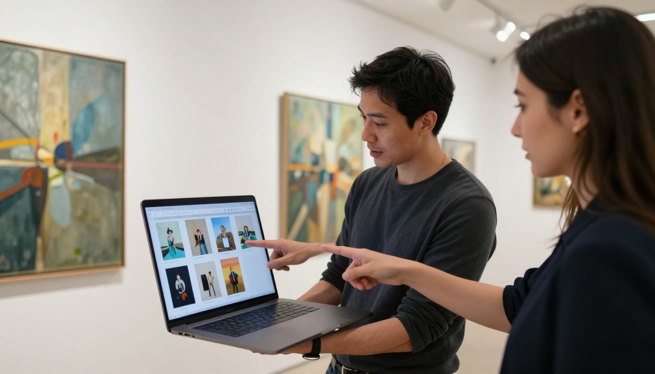 Illustrator showing portfolio on laptop to gallery curator in contemporary art gallery Illustrator showing portfolio on laptop to gallery curator in contemporary art gallery