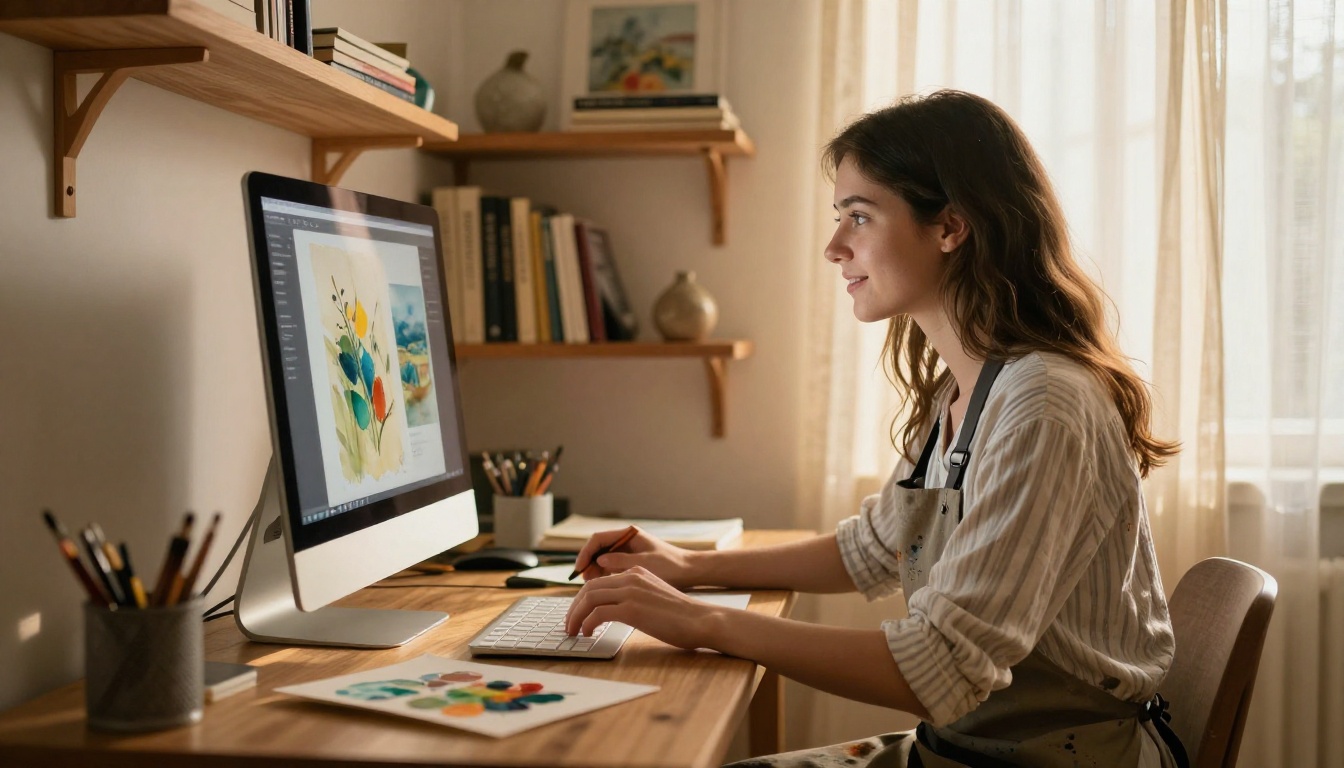 Watercolor artist uploading paintings to digital platform at cozy home studio Watercolor artist uploading paintings to digital platform at cozy home studio