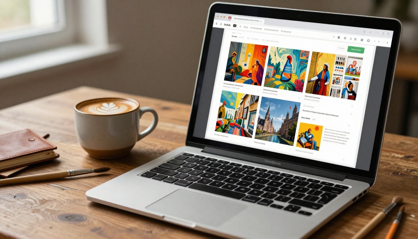 Laptop screen showing digital portfolio with book page-turning interface and coffee cup on desk Laptop screen showing digital portfolio with book page-turning interface and coffee cup on desk