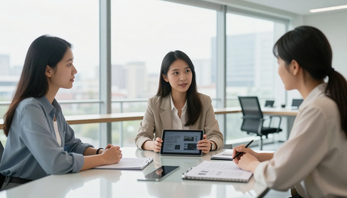 Art student presenting portfolio on tablet to two clients in bright modern meeting room Art student presenting portfolio on tablet to two clients in bright modern meeting room