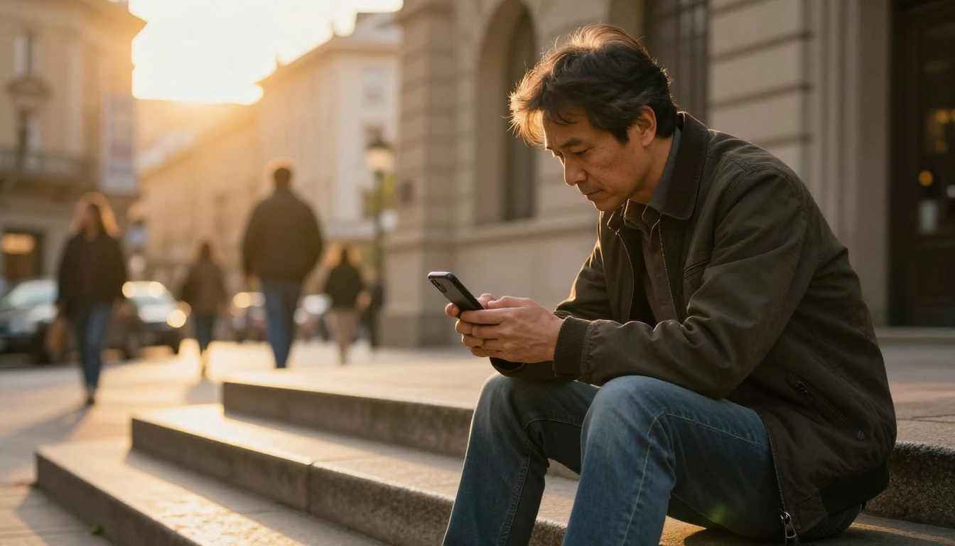 Street photographer reviewing portfolio on phone on stone city steps at golden hour Street photographer reviewing portfolio on phone on stone city steps at golden hour