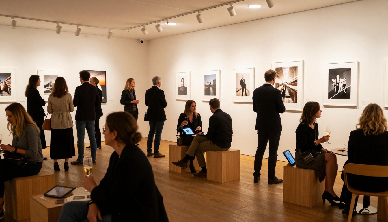 Gallery opening event with visitors viewing framed prints and digital portfolio displays Gallery opening event with visitors viewing framed prints and digital portfolio displays