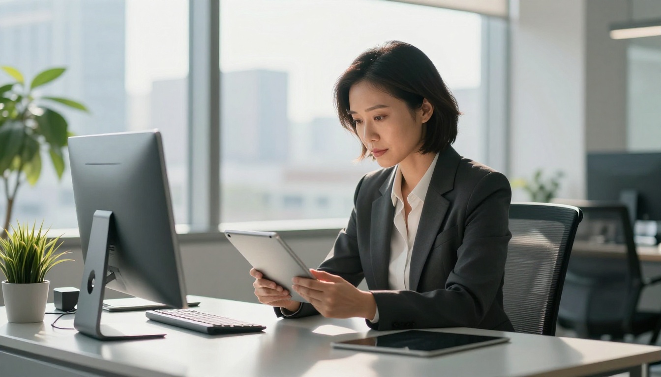 A hiring manager reviewing a digital resume on a tablet in a corporate office A hiring manager reviewing a digital resume on a tablet in a corporate office