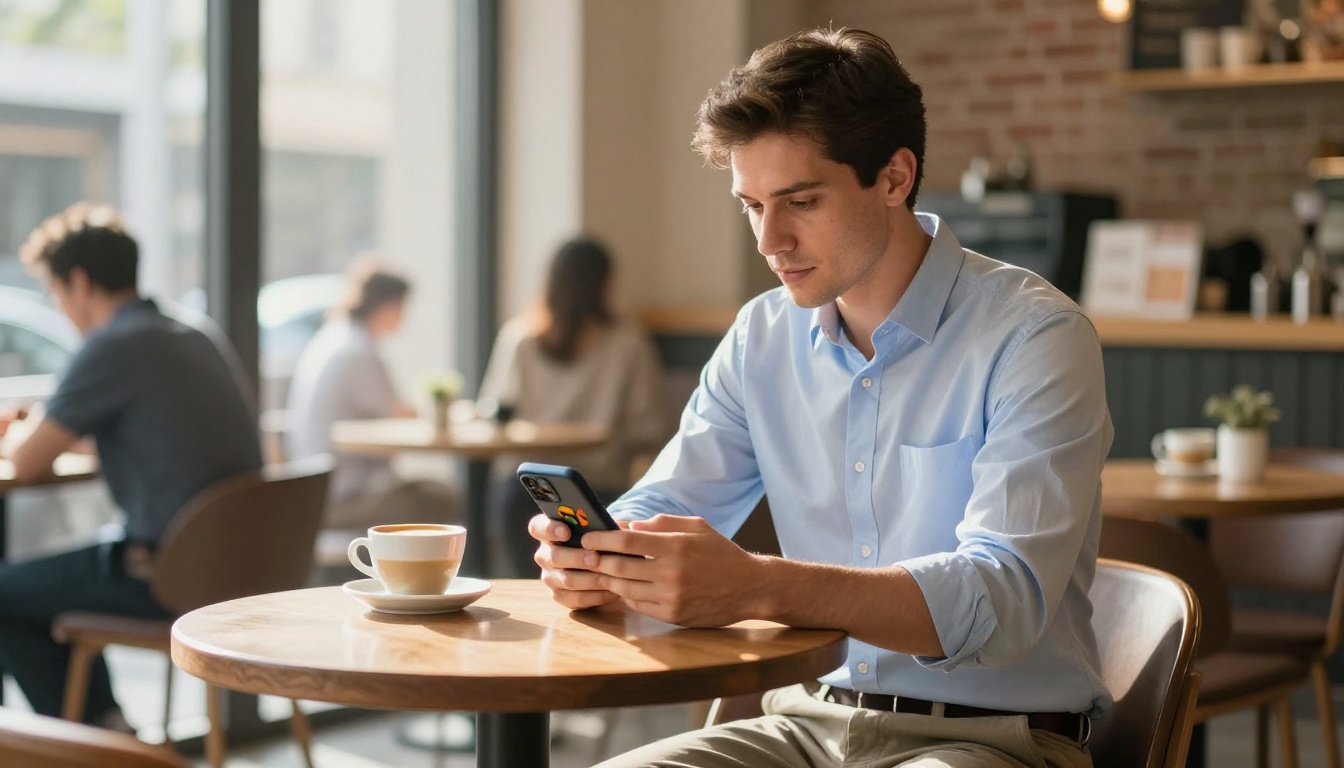 Professional scrolling through a digital portfolio on a smartphone at a coffee shop Professional scrolling through a digital portfolio on a smartphone at a coffee shop