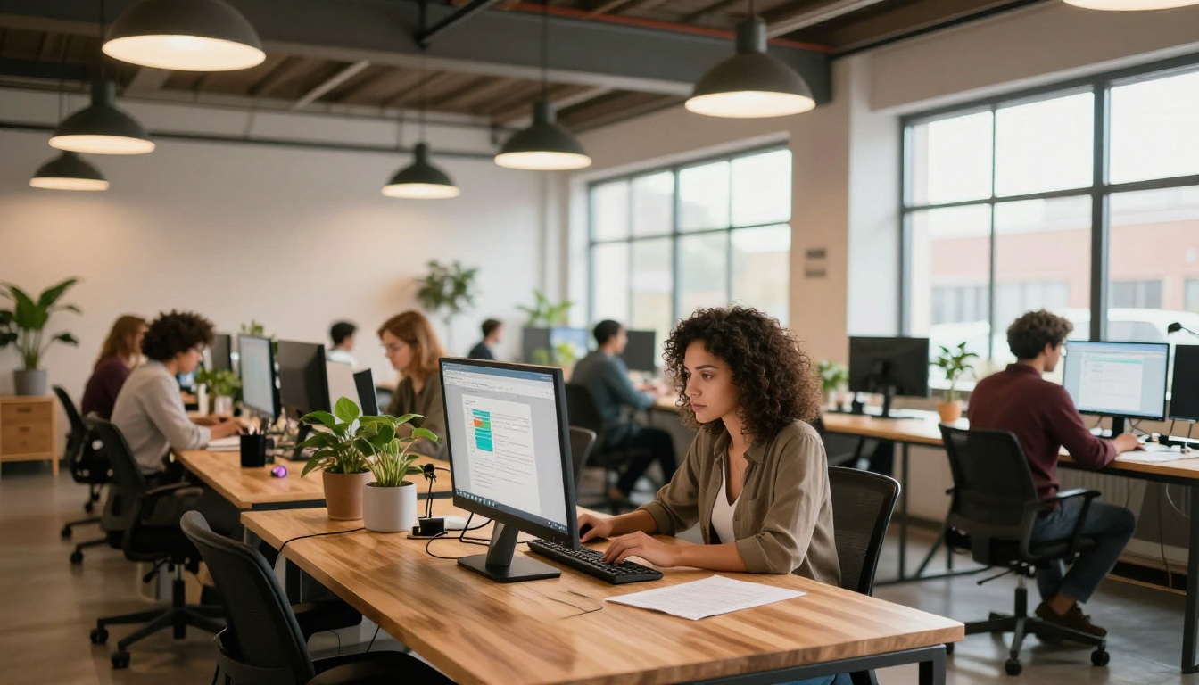 Young professional woman focused on a large monitor in a bright modern co-working space Young professional woman focused on a large monitor in a bright modern co-working space