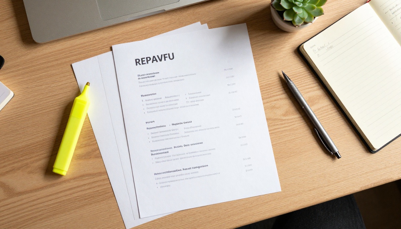 Overhead flat-lay of a printed resume on a wooden desk with a highlighter and open notebook Overhead flat-lay of a printed resume on a wooden desk with a highlighter and open notebook