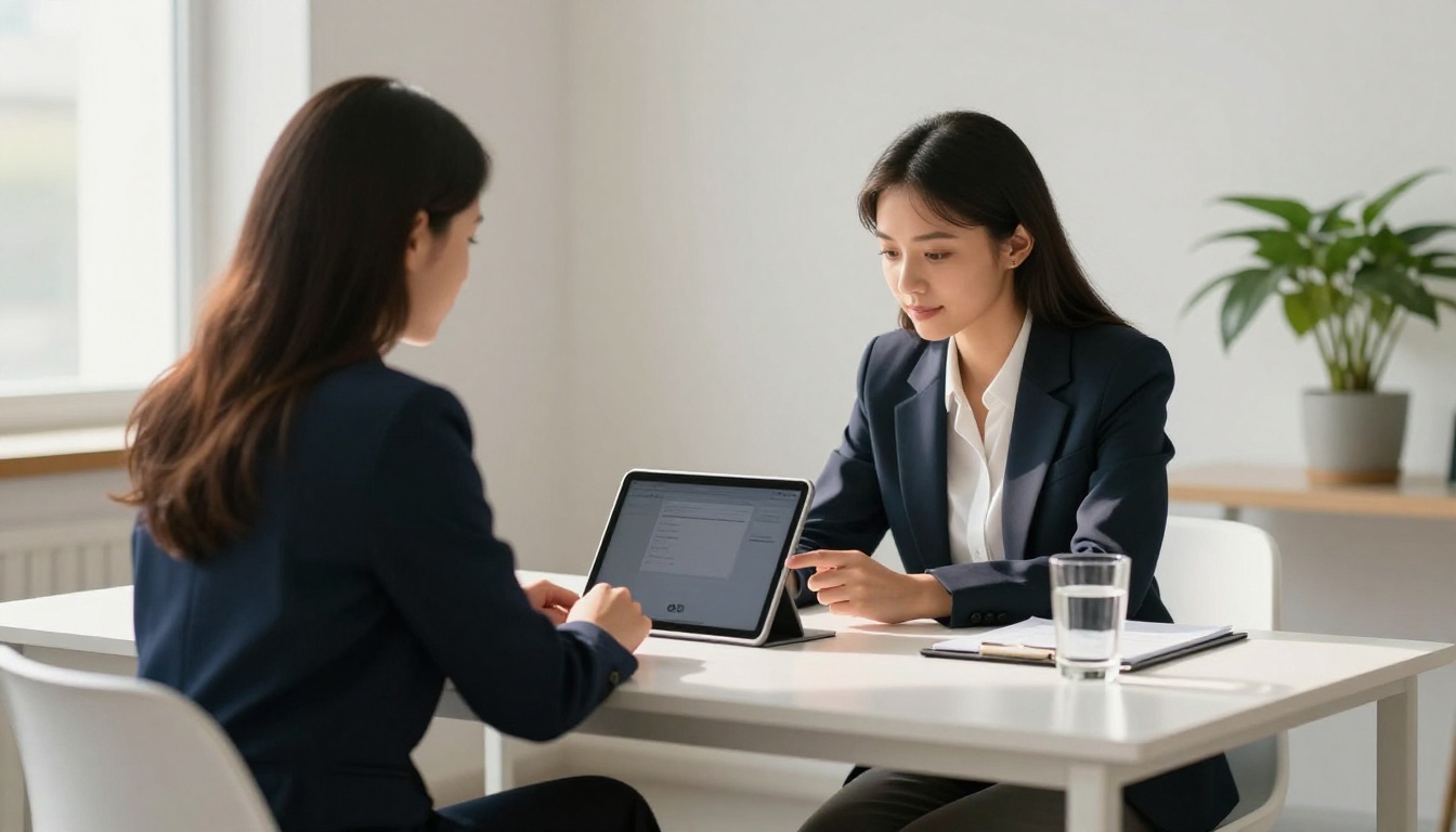 A confident job applicant and interviewer reviewing a tablet together at an interview table A confident job applicant and interviewer reviewing a tablet together at an interview table