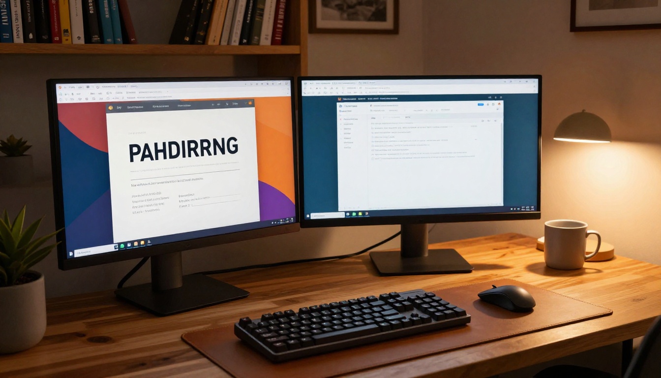 Dual-monitor home office setup with a professional portfolio document displayed on screen Dual-monitor home office setup with a professional portfolio document displayed on screen
