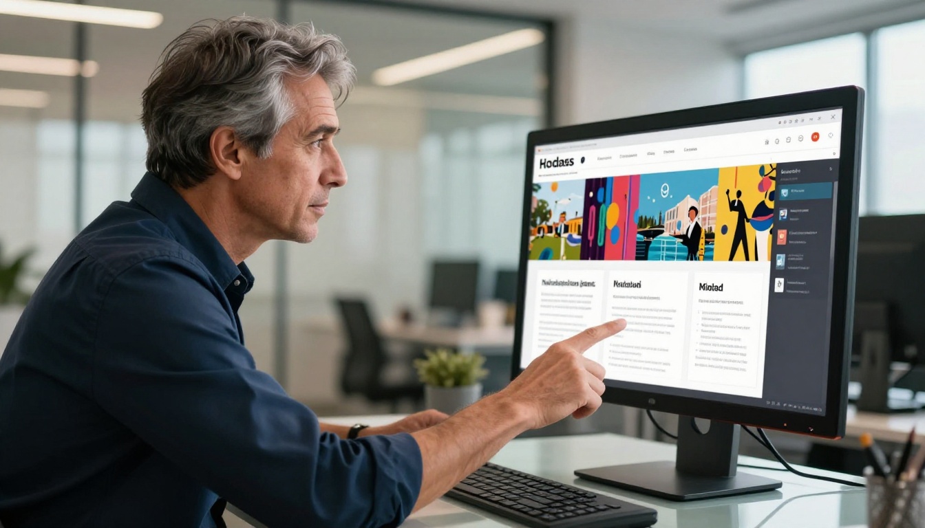Hiring manager reviewing a digital portfolio flipbook on a large monitor Hiring manager reviewing a digital portfolio flipbook on a large monitor