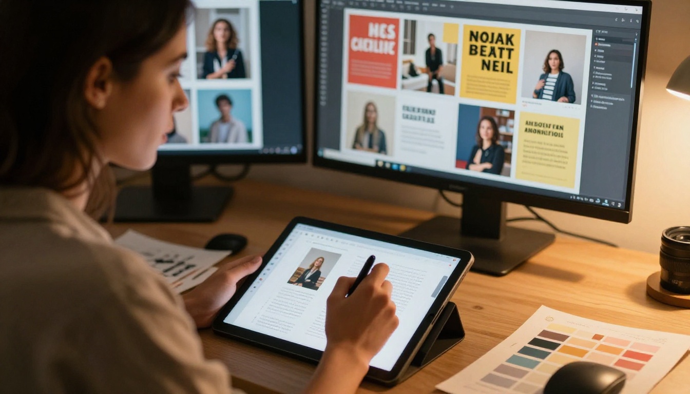 Designer actively building a portfolio on a tablet with stylus in a warm creative studio Designer actively building a portfolio on a tablet with stylus in a warm creative studio