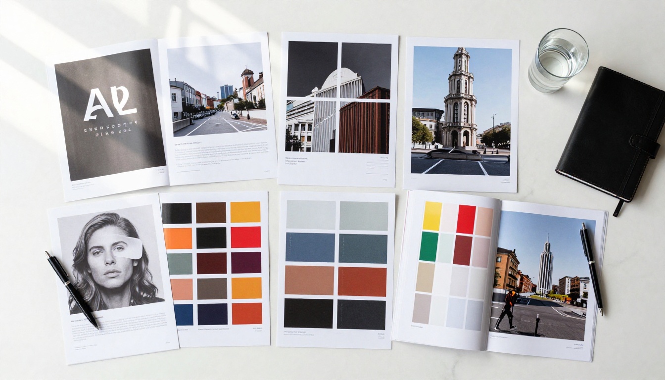 Overhead flat-lay of portfolio print samples spread across a white marble desk Overhead flat-lay of portfolio print samples spread across a white marble desk