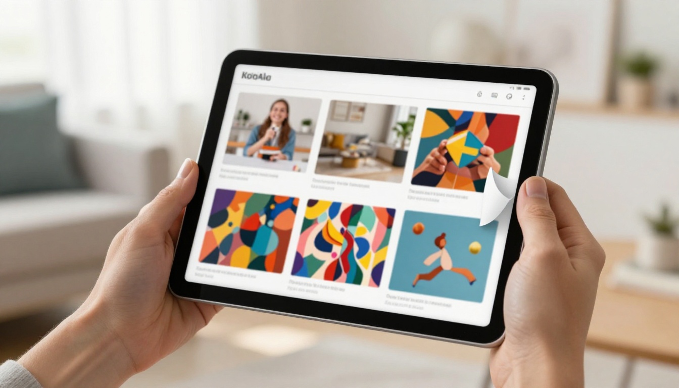 Hands holding a tablet displaying an interactive portfolio flipbook with page-turn effect Hands holding a tablet displaying an interactive portfolio flipbook with page-turn effect