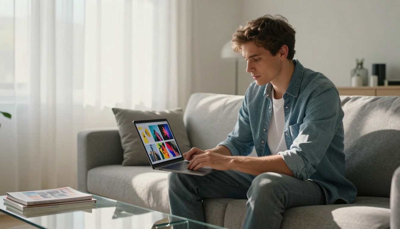 Creative professional reviewing portfolio flipbook on laptop while sitting on a sofa Creative professional reviewing portfolio flipbook on laptop while sitting on a sofa