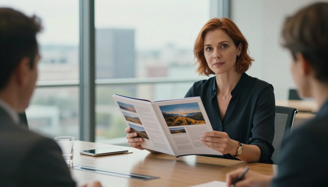 Photographer presenting a portfolio flipbook across a conference table in a glass-walled room Photographer presenting a portfolio flipbook across a conference table in a glass-walled room