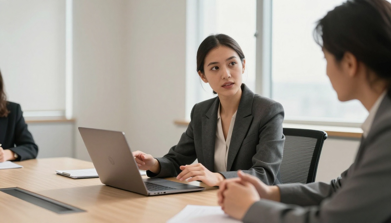 Confident job candidate presenting portfolio flipbook to two interviewers at a modern conference table Confident job candidate presenting portfolio flipbook to two interviewers at a modern conference table