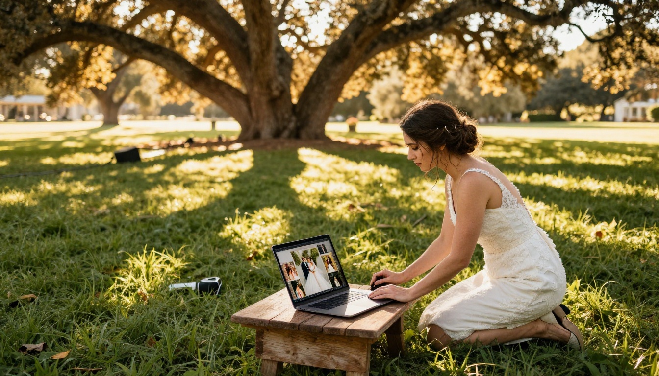 Wedding photographer editing photos in a lush garden setting at golden hour Wedding photographer editing photos in a lush garden setting at golden hour
