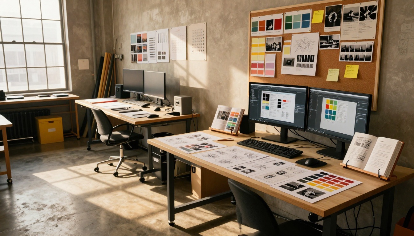 Wide-angle view of a vibrant creative studio workspace with portfolio materials and design tools lit by warm afternoon light Wide-angle view of a vibrant creative studio workspace with portfolio materials and design tools lit by warm afternoon light