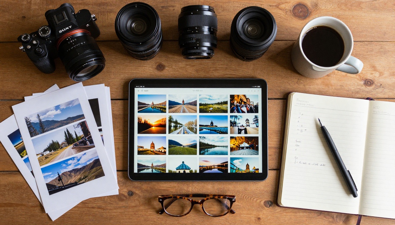 Aerial flat lay of photographer's workspace with camera, lenses, notebook, and tablet Aerial flat lay of photographer's workspace with camera, lenses, notebook, and tablet