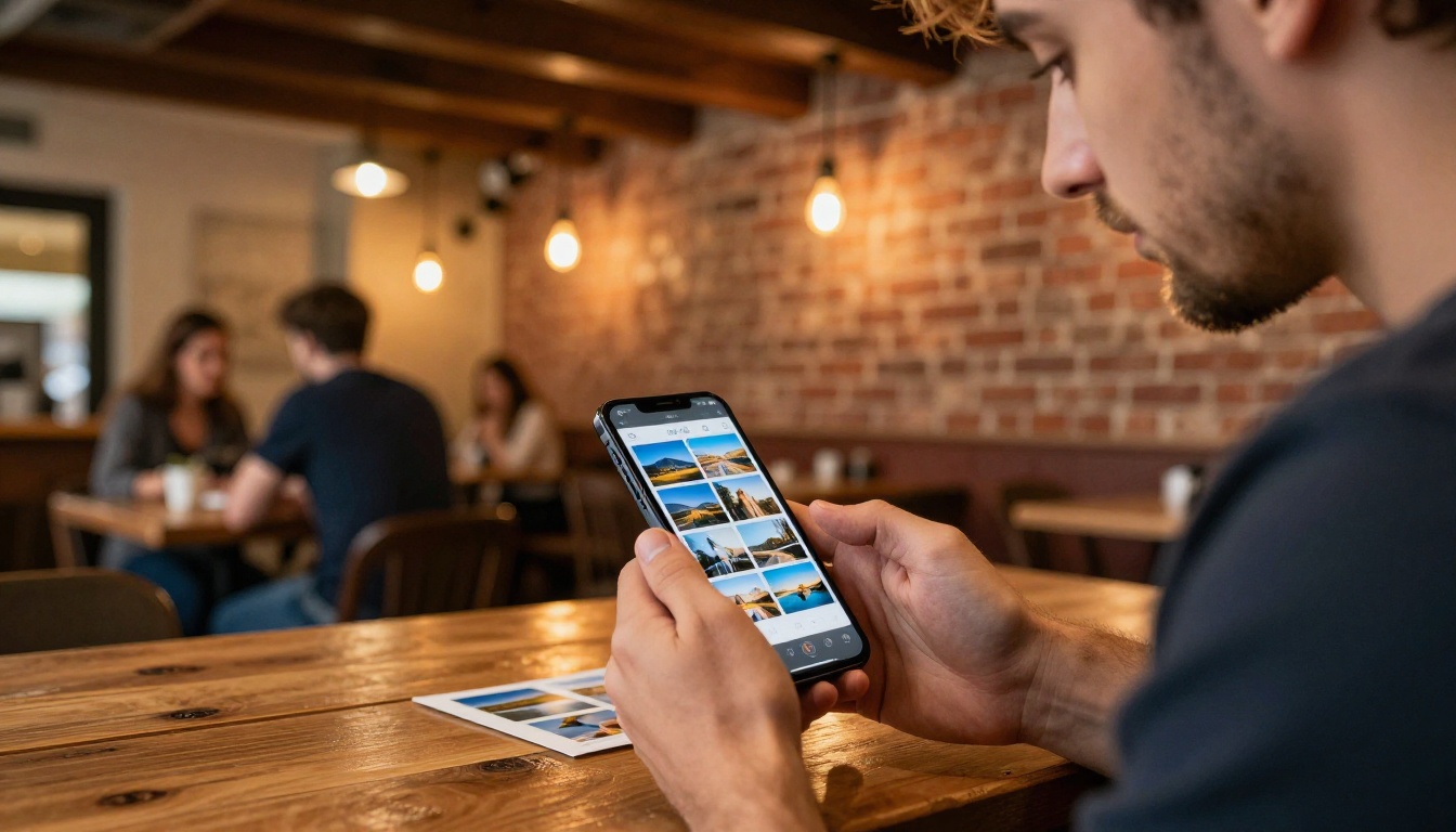 Travel photographer browsing photo flipbook on phone in a cozy European cafe Travel photographer browsing photo flipbook on phone in a cozy European cafe