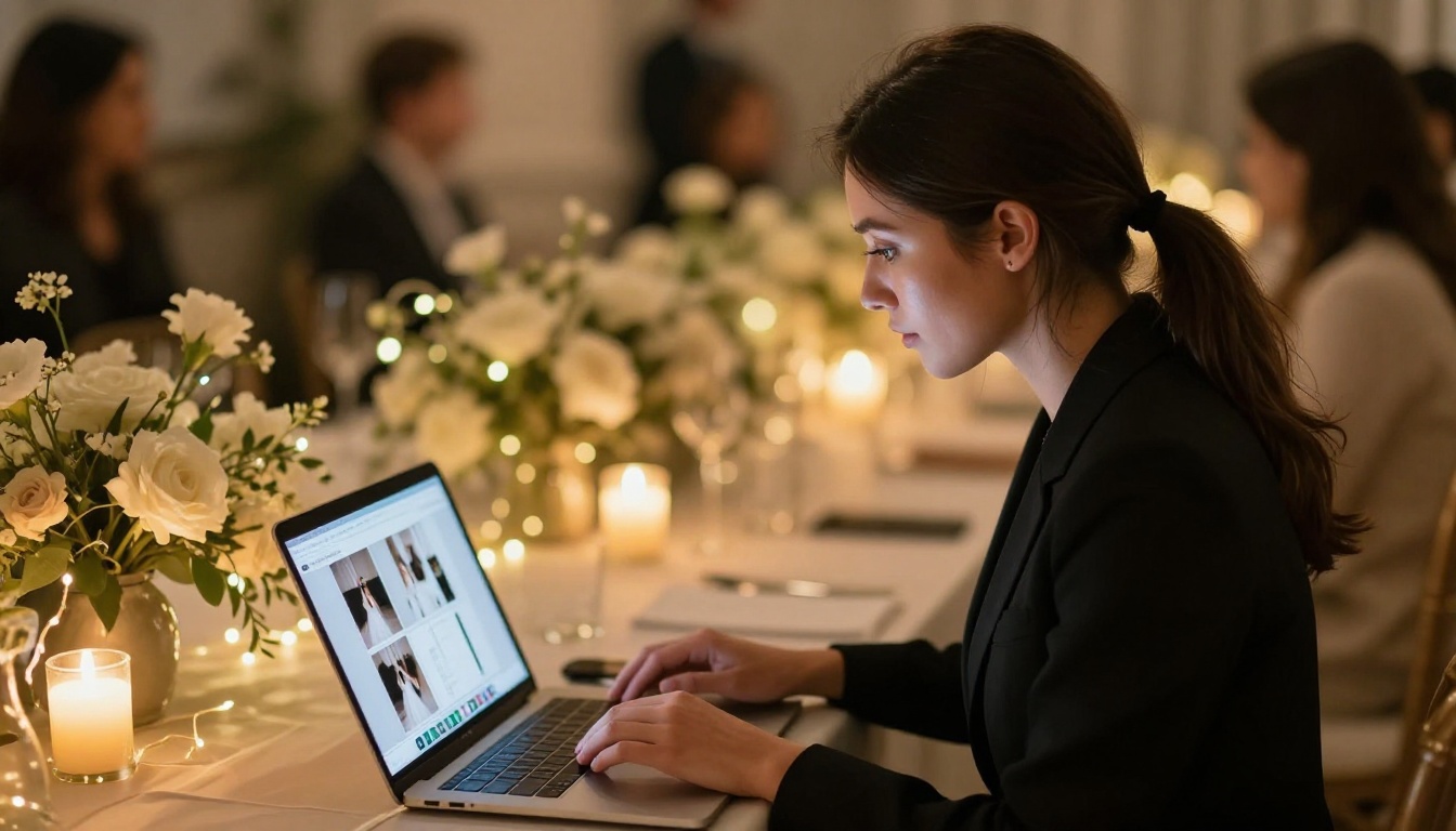 Event photographer uploading photos backstage at an elegant wedding venue Event photographer uploading photos backstage at an elegant wedding venue