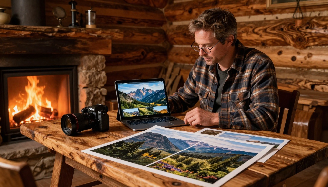 Nature photographer reviewing landscape photos in a cozy mountain cabin Nature photographer reviewing landscape photos in a cozy mountain cabin