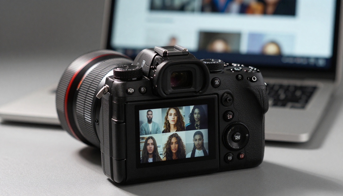 Close-up of camera LCD displaying portrait gallery, with lens and blurred laptop in background Close-up of camera LCD displaying portrait gallery, with lens and blurred laptop in background