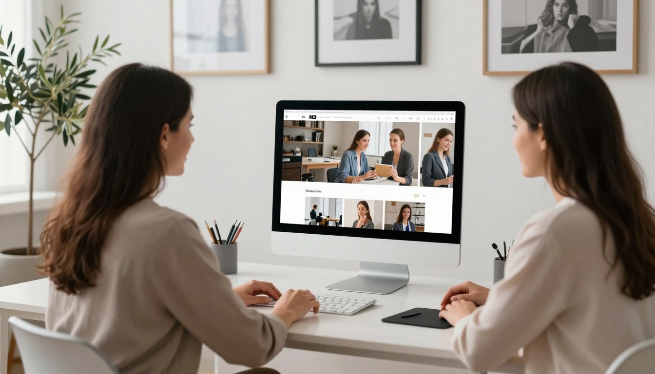Photography studio owner showing client a portfolio flipbook on iMac screen Photography studio owner showing client a portfolio flipbook on iMac screen